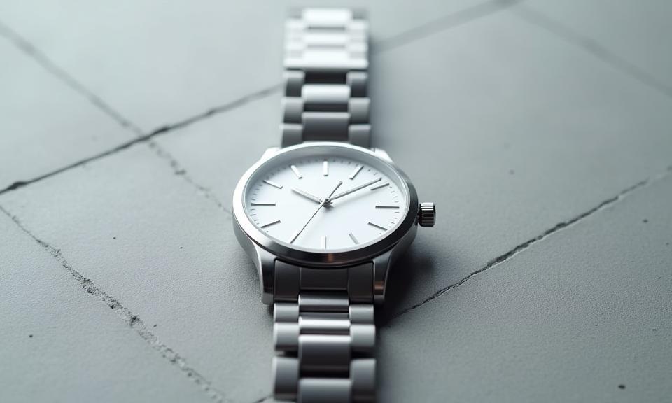 The Architect watch, a silver-cased watch with a white dial and metallic strap, against a concrete background.