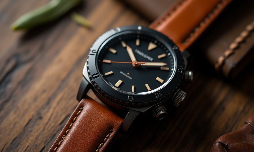 The Voyager watch, a dark-faced watch with a brown leather strap, on a wooden surface.